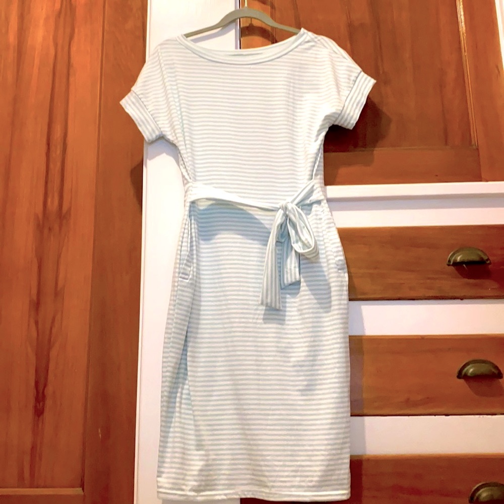 Green Striped Boat Neck Belted Dress S Medium